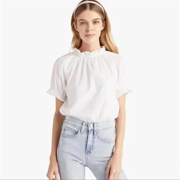 Hill House Tops - Hill House Top Women Small Shirt Ruffle White Short Sleeve Cotton B21